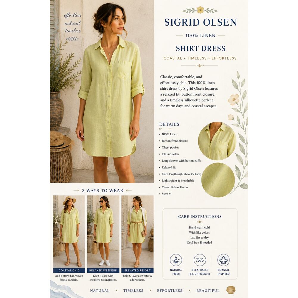 Sigrid Olsen 100% Linen Shirt Dress Knee Length Classic Yellow SZM Coastal
